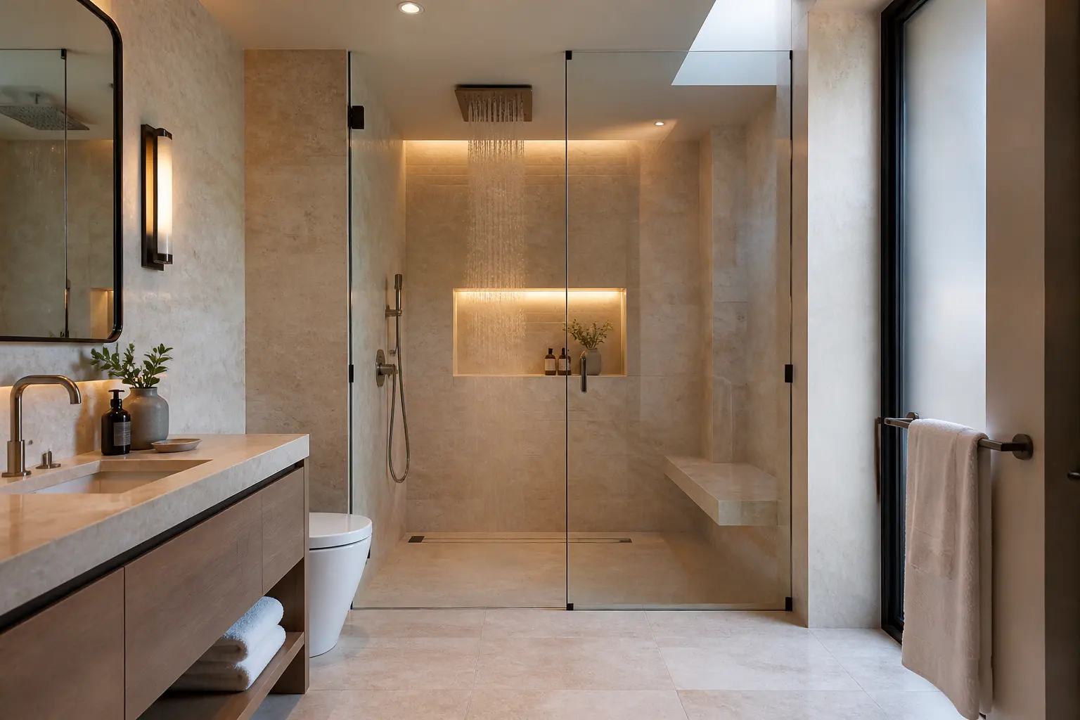 Travertine bathroom with skylight, curbless shower and bench storage
