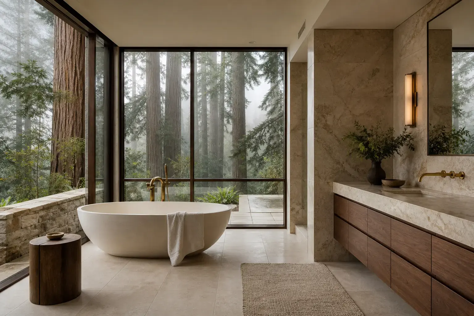Woodside organic luxury bathroom with a stone soaking tub, walnut vanity and floor-to-ceiling redwood views