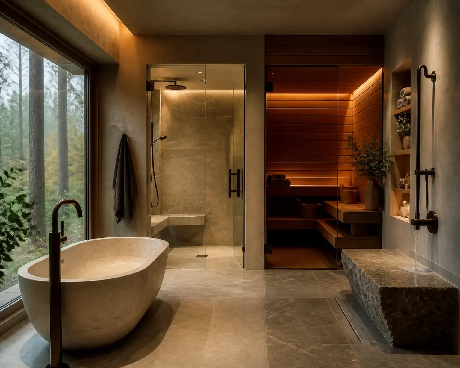Woodside wellness bathroom with a cedar sauna, stone soaking tub and cold-plunge stone basin