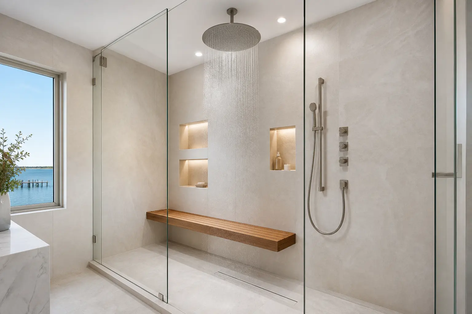Belvedere spa shower renovation with rainhead, teak bench and lit niches