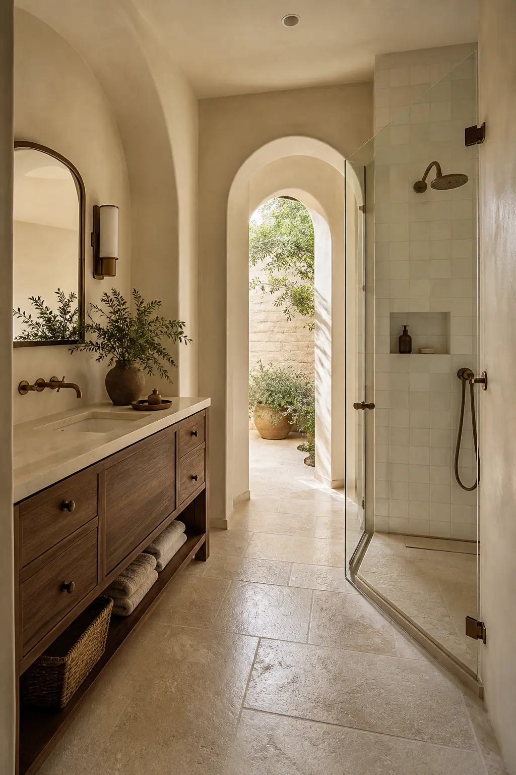 Mediterranean Saratoga bathroom with plaster archways, limestone floors and an olive-shaded courtyard door