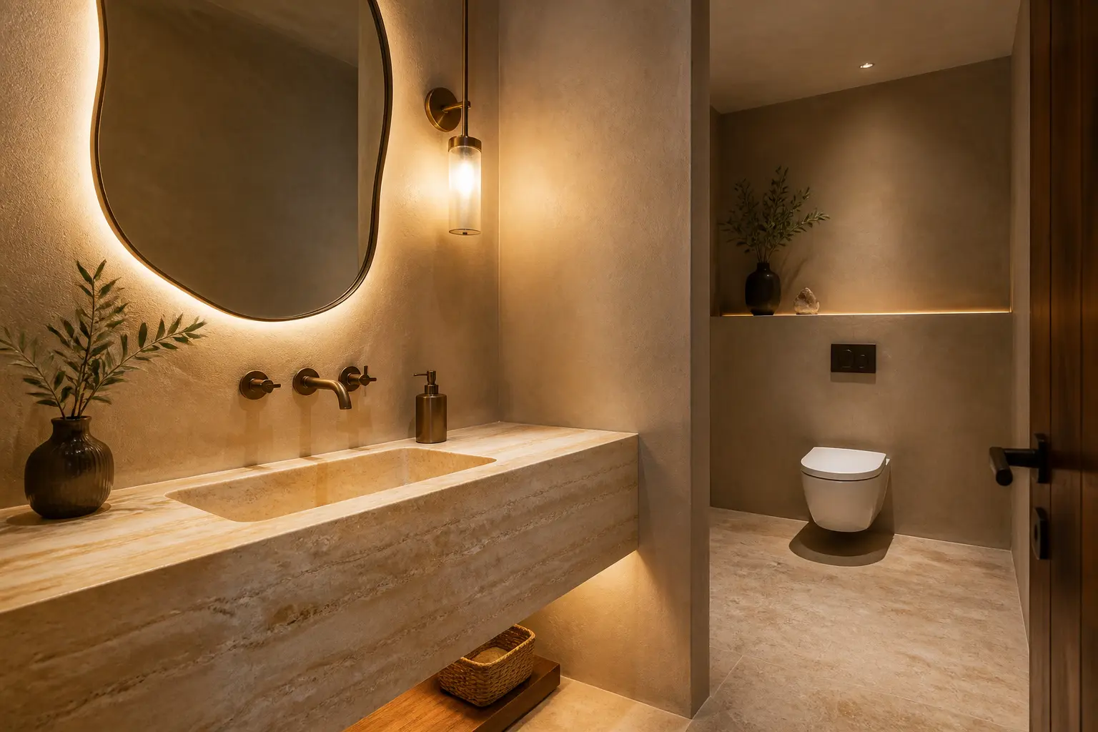 Travertine powder room with backlit organic mirror and separate toilet alcove