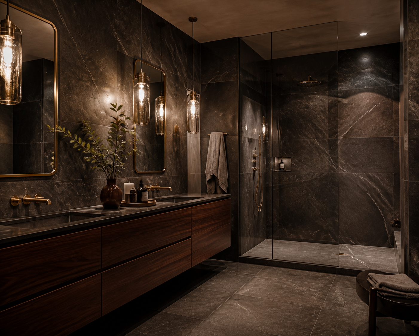 Moody Hidden Hills primary bathroom in dark marble with brass fixtures and walnut floating vanity