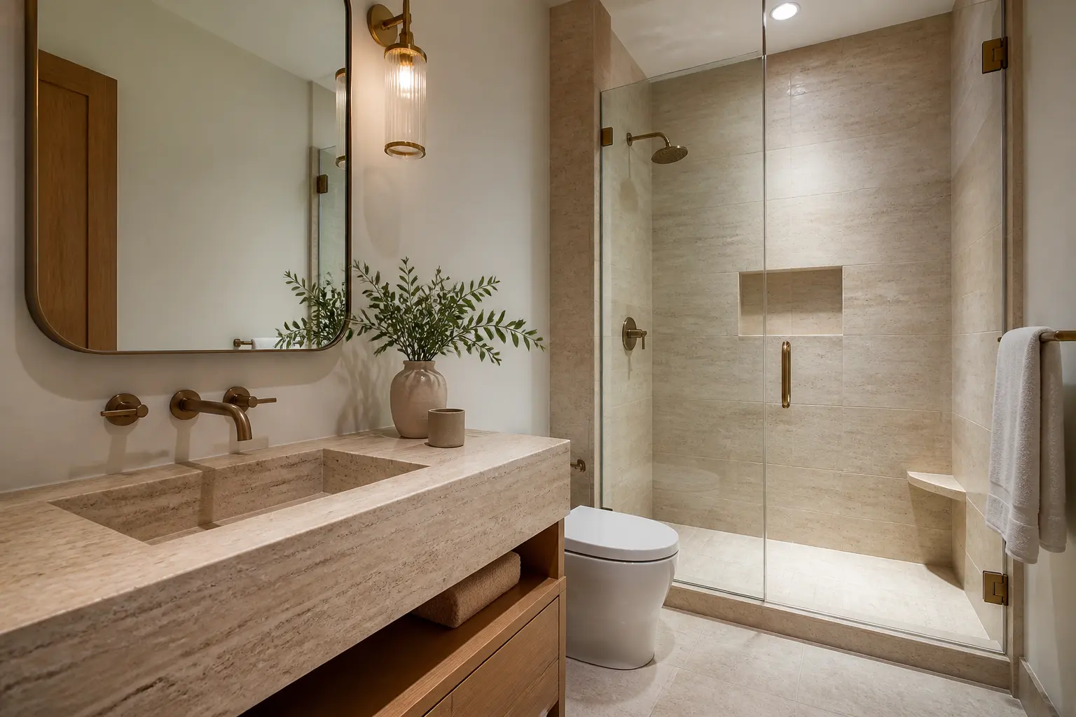 Modern organic guest bathroom with travertine vanity and glass shower