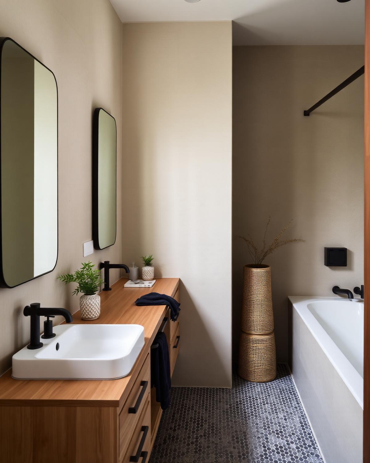 Guest bathroom with limewash walls, oak vanity and patterned mosaic floor