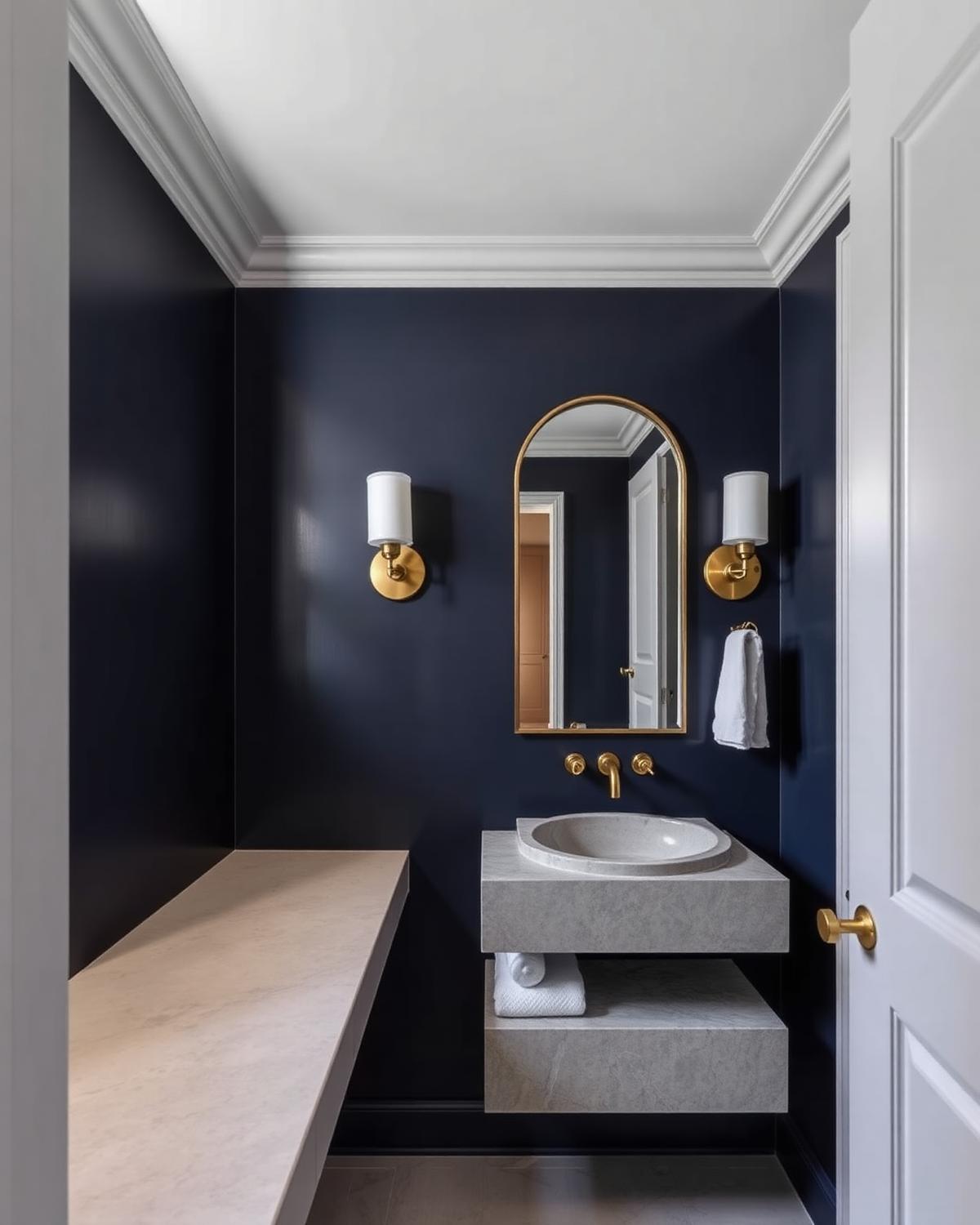 Powder room with deep navy walls, stone vanity and brushed gold sconces